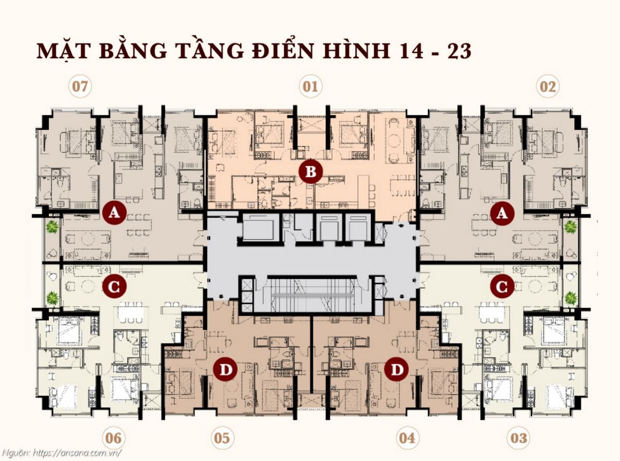 Mặt bằng tầng điển hình 14-23 dự án căn hộ Ansana by Kita Quận Bình Tân