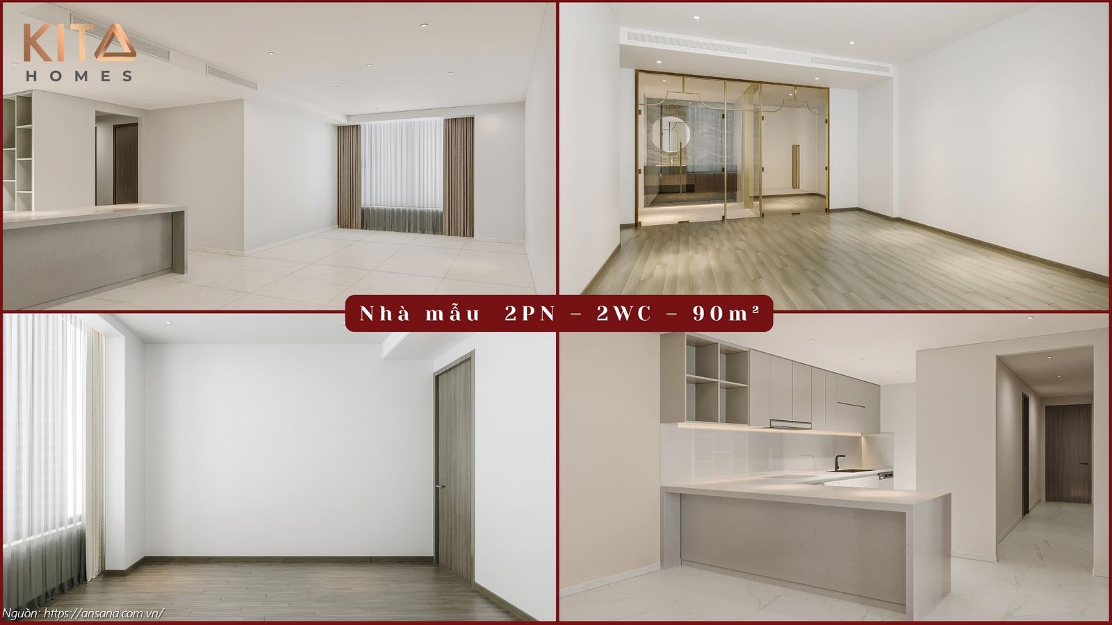 Nhà mẫu căn hộ 2PN - 2WC diện tích 90m2 dự án Ansana By Kita Võ Văn Kiệt