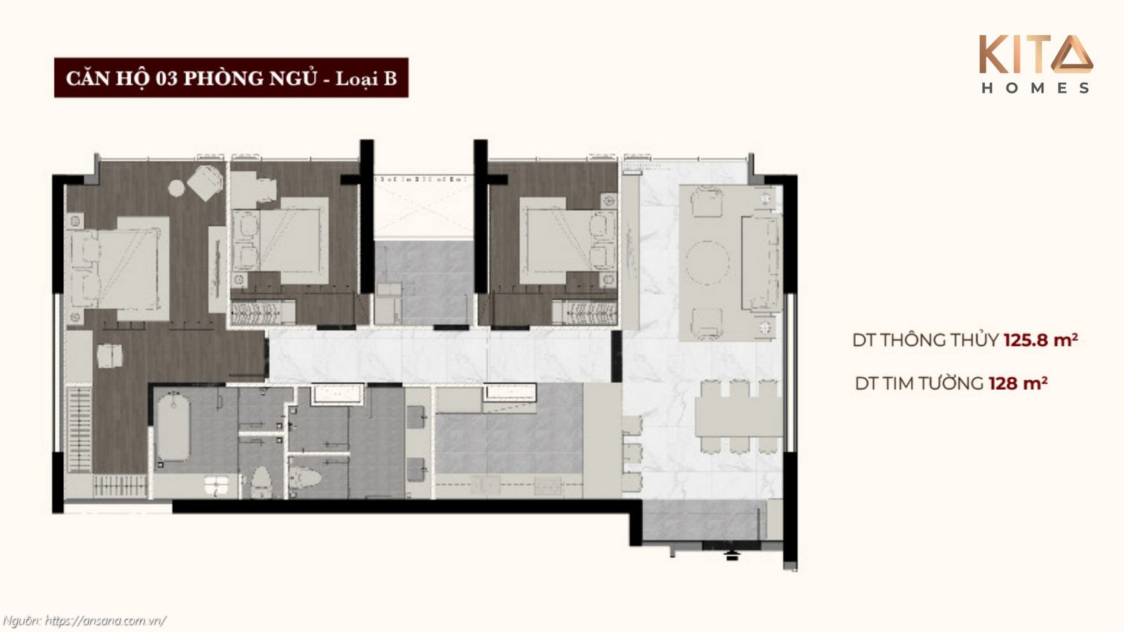 Thiet Ke Can Ho 3 Phong Ngu Loai B 128m2 Du An Ansana By Kita