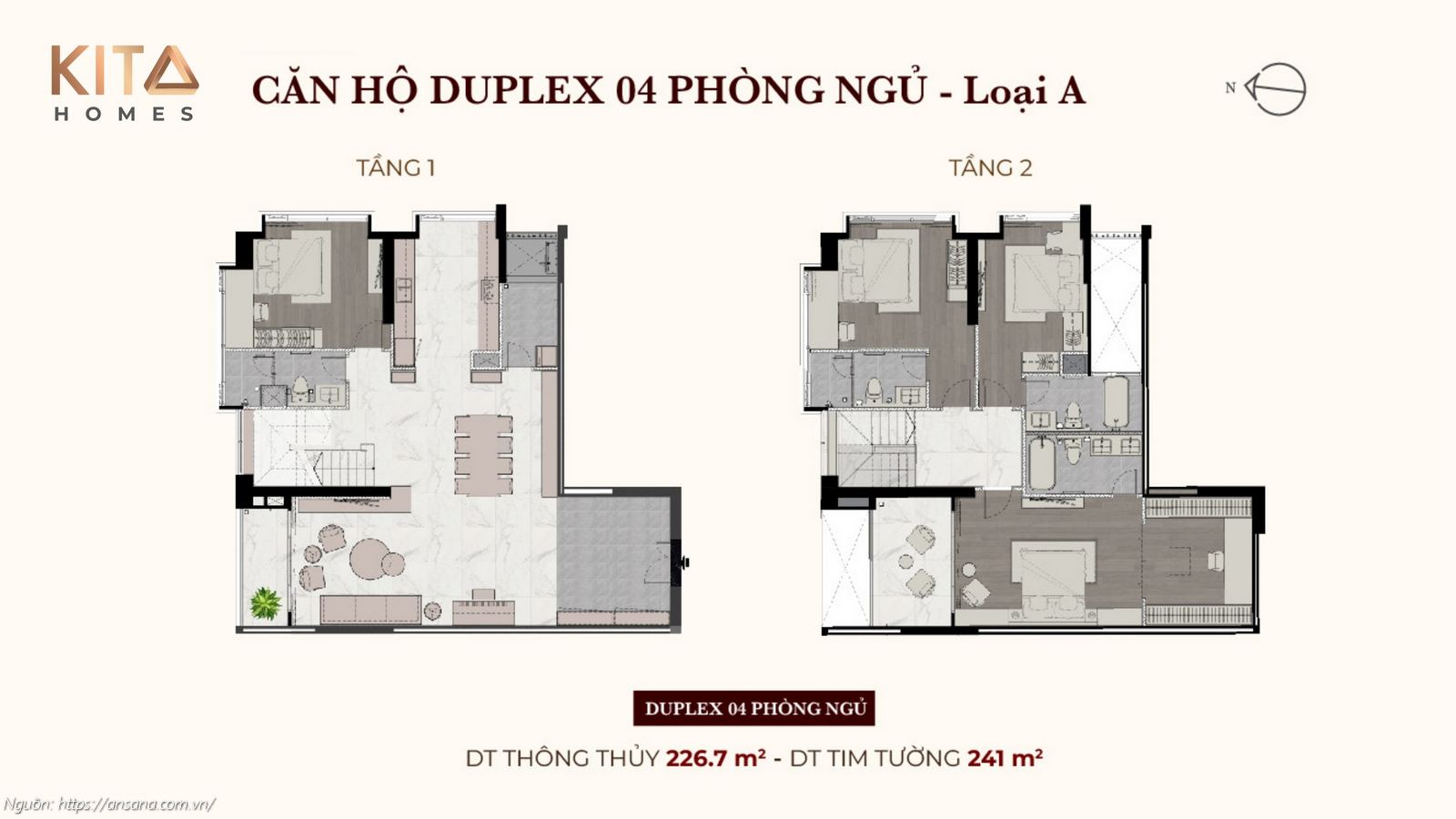 Thiết kế căn hộ Duplex 4 phòng ngủ thông tầng diện tích 241m2 tại Ansana by Kita